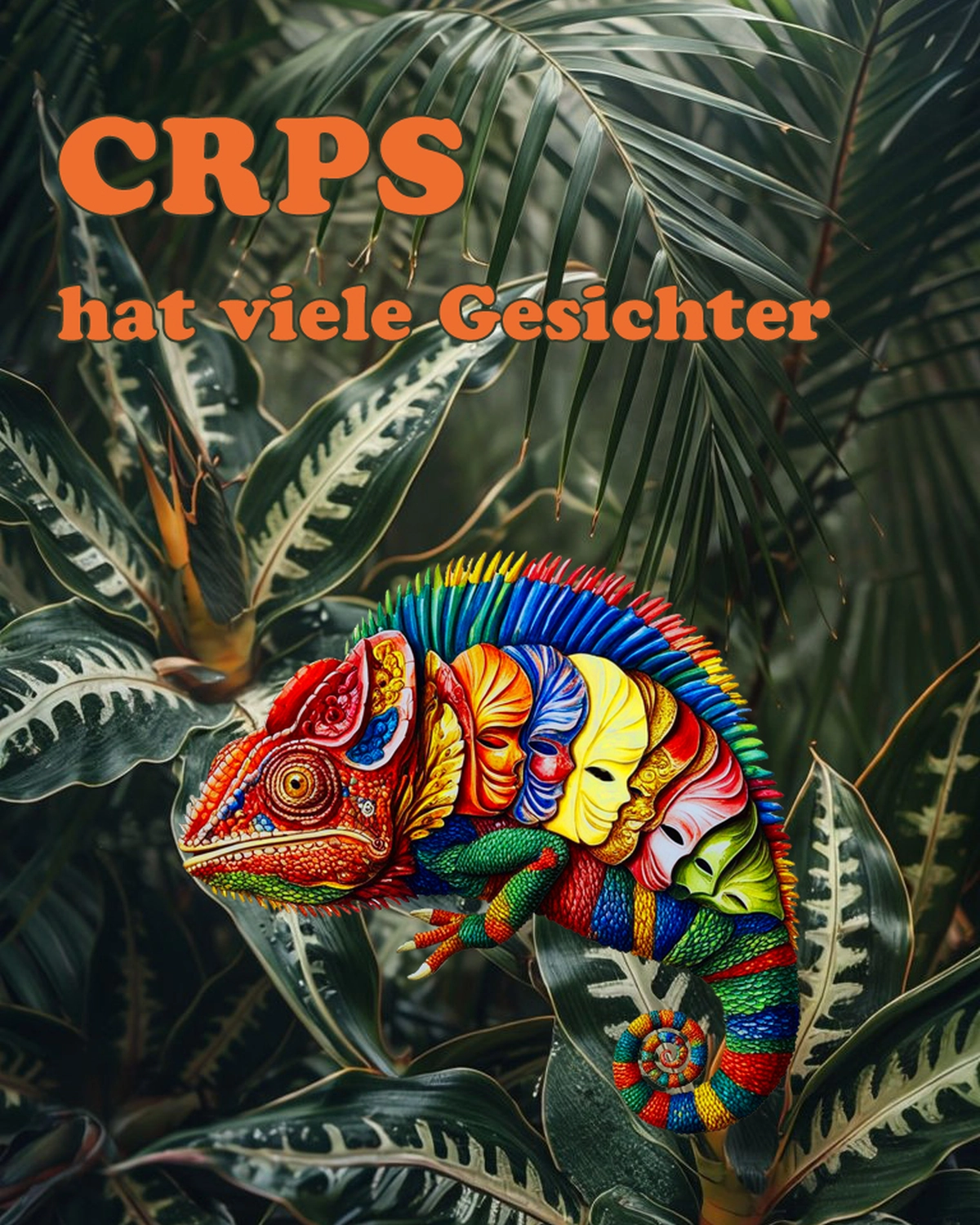 Ein buntes Chamäleon mit Masken auf dem Körper. 